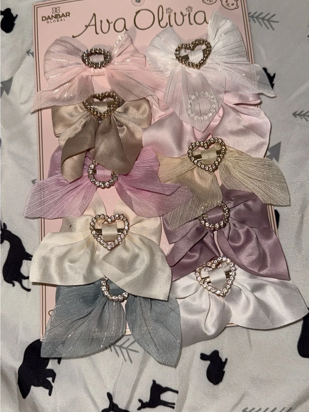 Ava Olivia Rhinestone Heart Bow Hair Clips - Pastel Mix